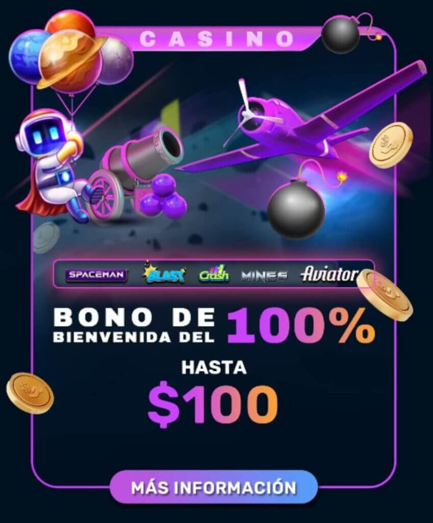 Bono de bienvenida del 100% hasta US$100 en Aviator y otros juegos crash