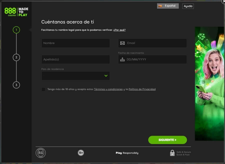 Formulario de registro en 888casino